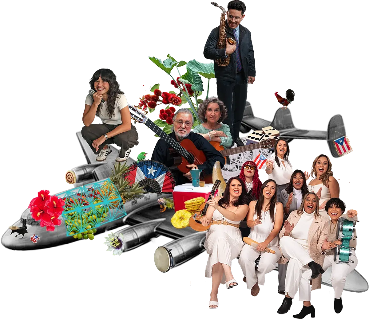 Collage de artistas puertorriqueños con instrumentos, banderas y símbolos culturales que representan el talento boricua en gira BoriCorridor-2026.
