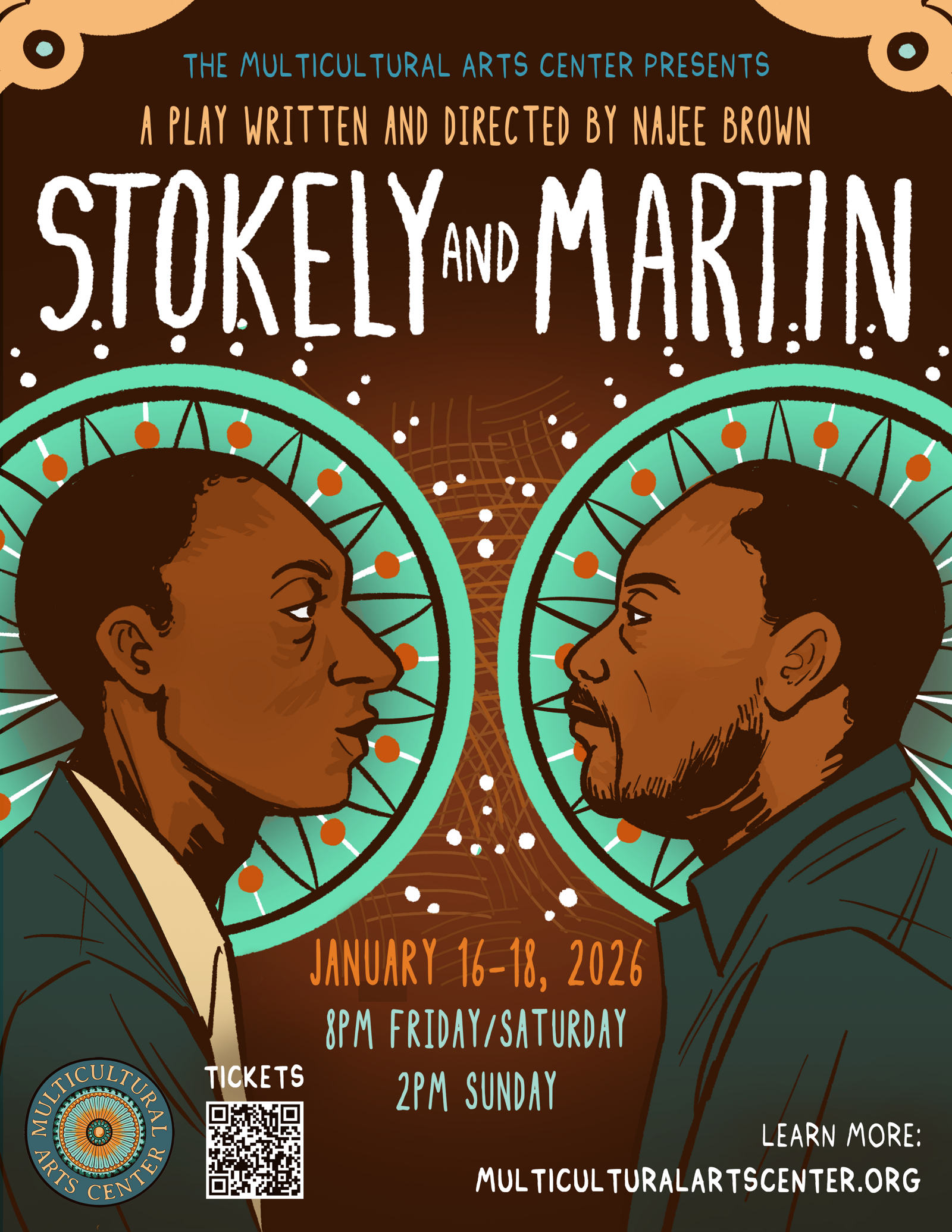 Pósters promocionales del teatro-multicultural-Cambridge presentando Stokely and Martin y Cosmic Roots en el Multicultural Arts Center temporada 2026